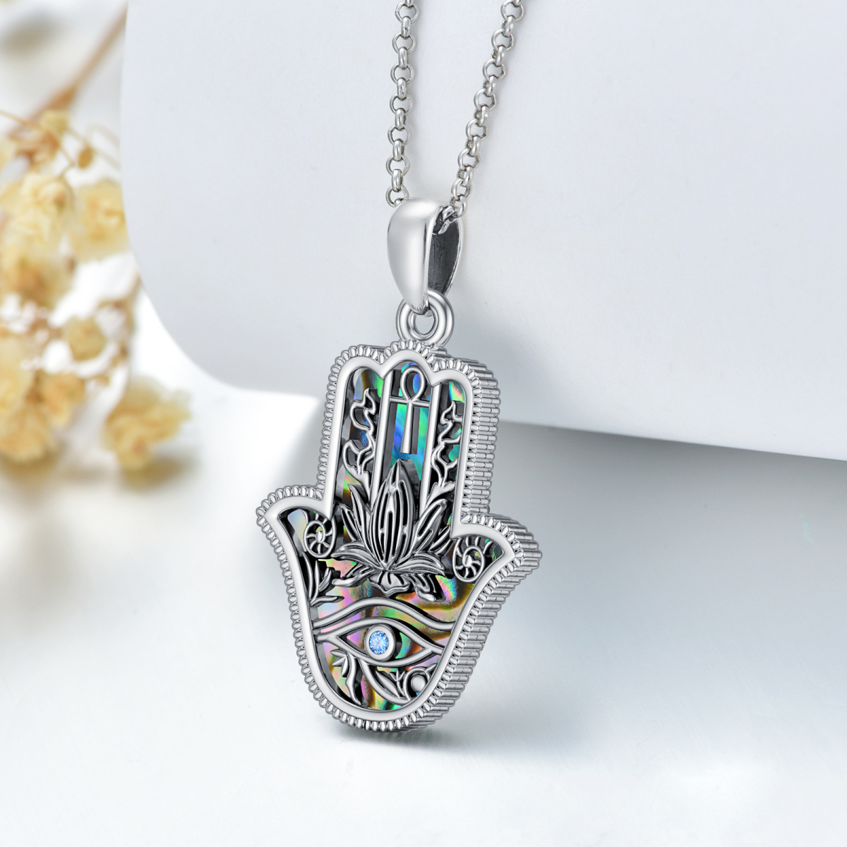 Sterling Silver Abalone Shellfish With Cubic Zirconia Eye Of Horus & Hamsa Hand Pendant Necklace For Unisex-3