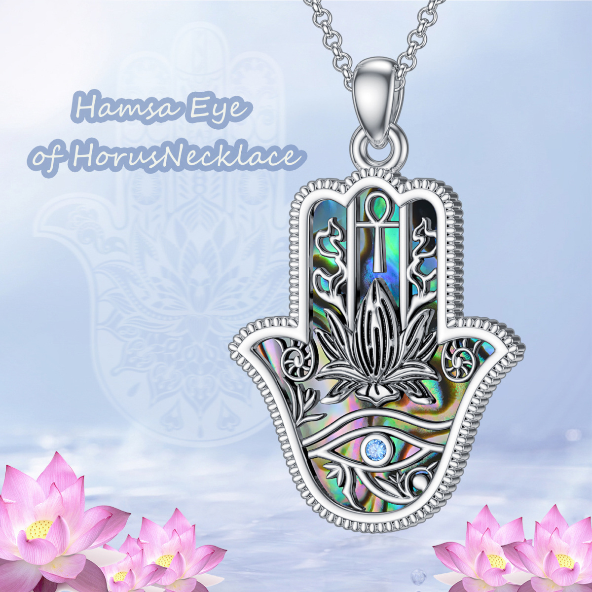 Sterling Silver Abalone Shellfish With Cubic Zirconia Eye Of Horus & Hamsa Hand Pendant Necklace For Unisex-6