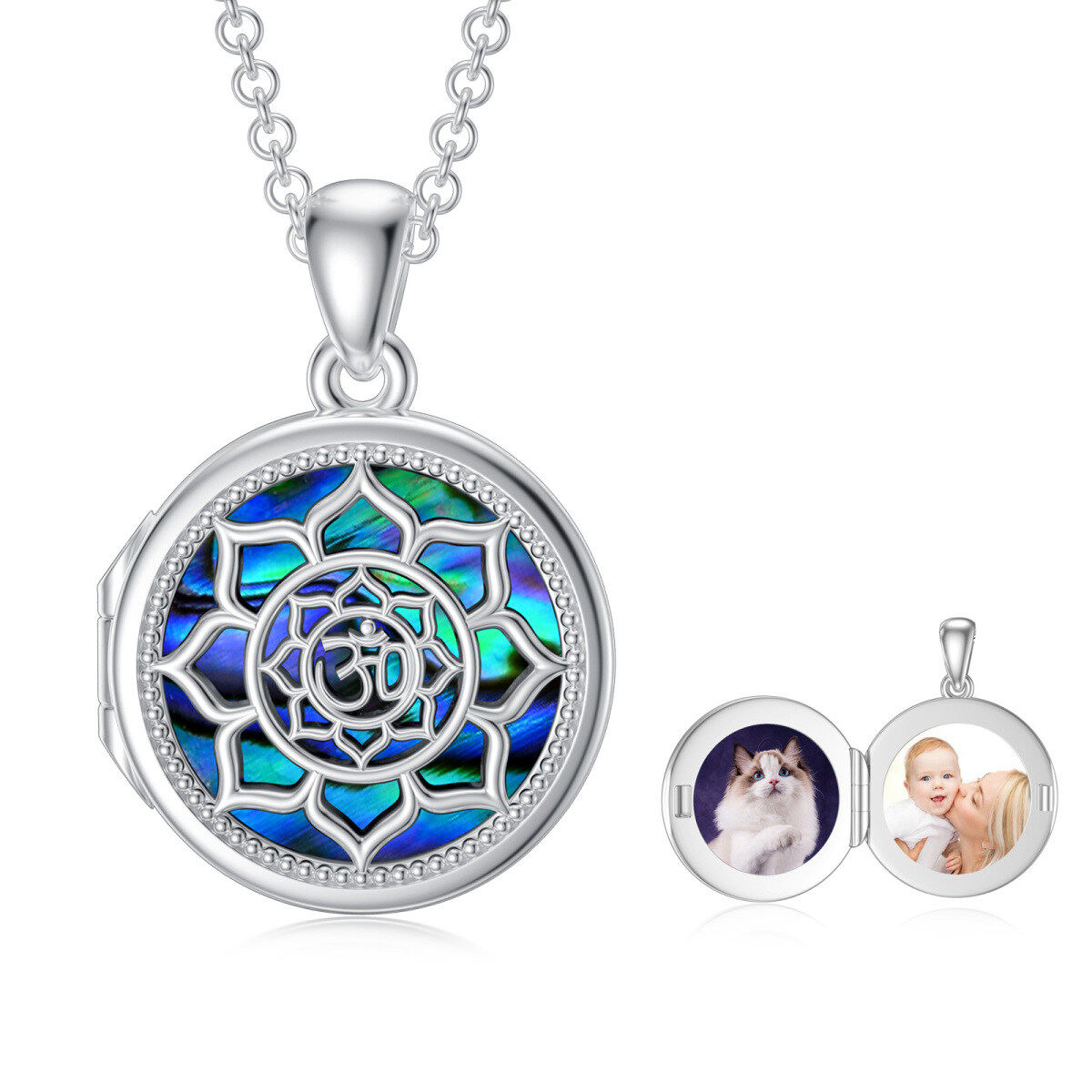 Collana con medaglione personalizzato con foto di loto e crostacei abalone in argento sterling-1