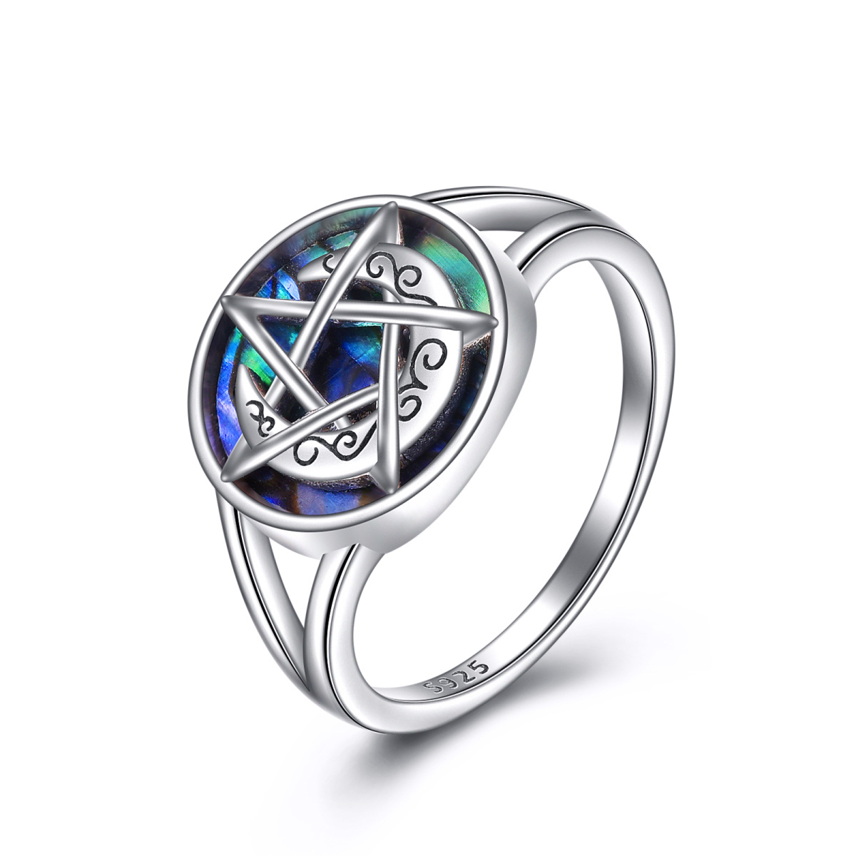 Anello in argento sterling con pentagramma a forma di luna e conchiglia di abalone-1