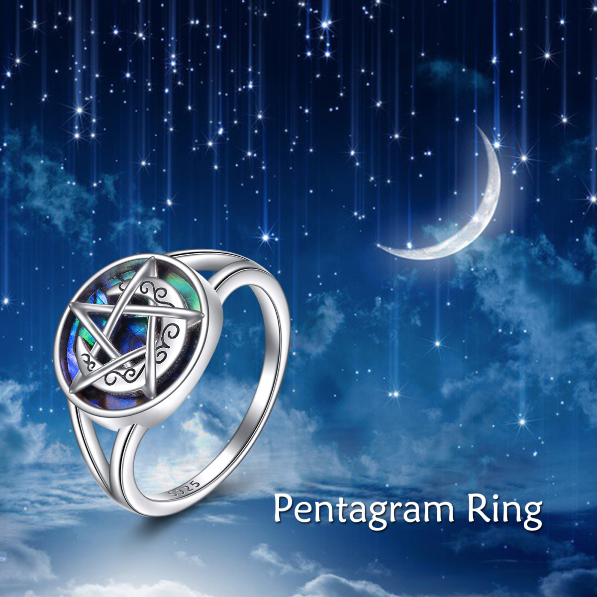 Anello in argento sterling con pentagramma a forma di luna e conchiglia di abalone-5