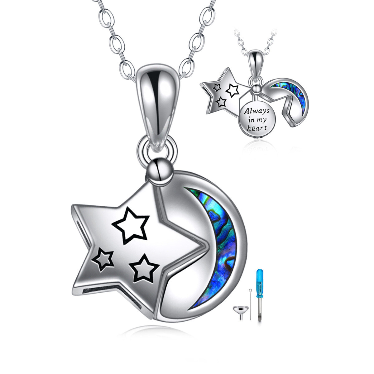 Plata de ley Abalone Shellfish Moon & Star Urna collar con palabra grabada-1