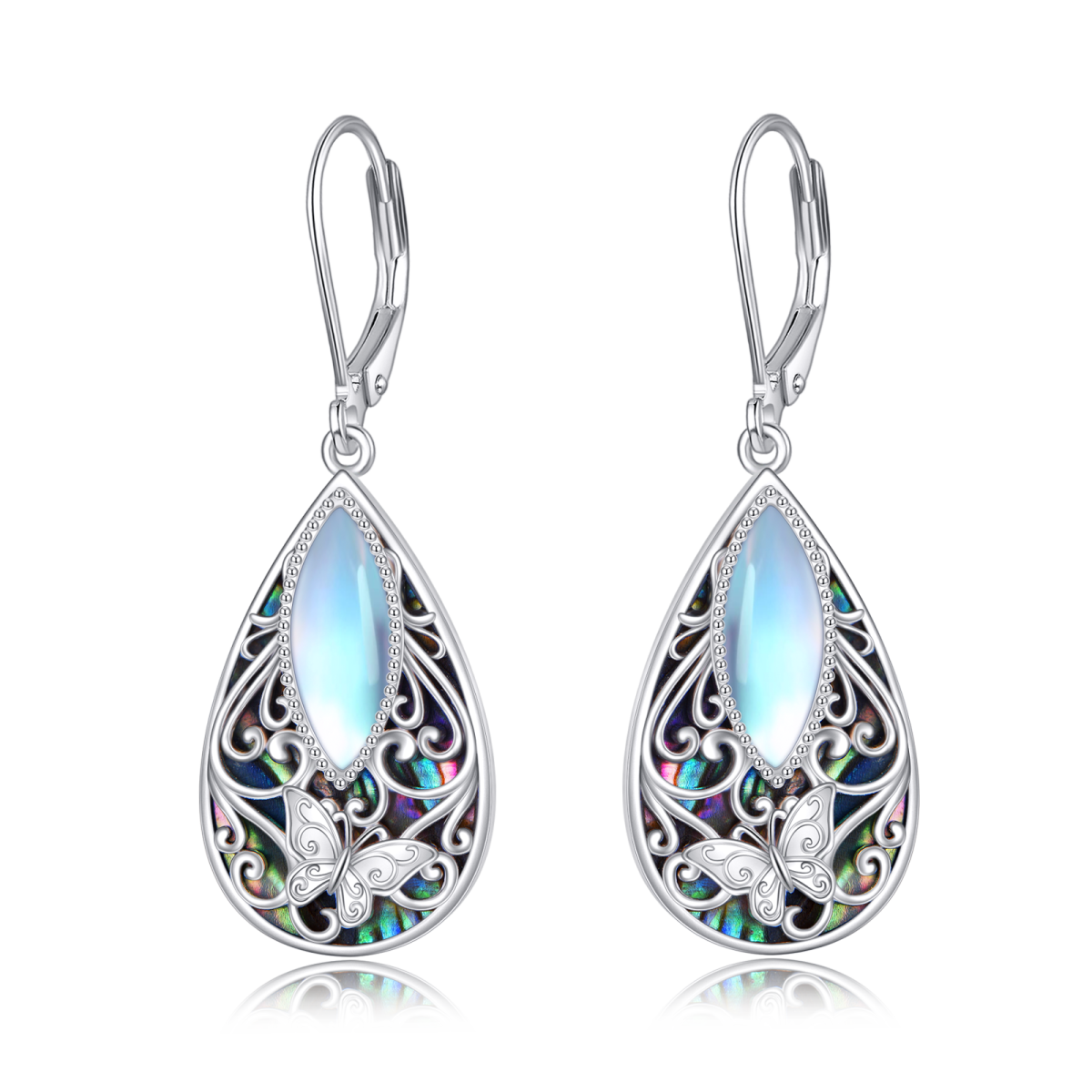 Sterling Silver Abalone Shellfish & Moonstone Butterfly Drop Lever-back Earrings-1