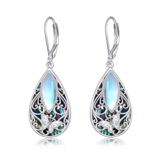 Sterling Silver Abalone Shellfish & Moonstone Butterfly Drop Lever-back Earrings-1