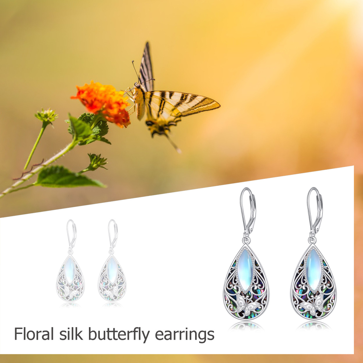 Sterling Silver Abalone Shellfish & Moonstone Butterfly Drop Lever-back Earrings-6