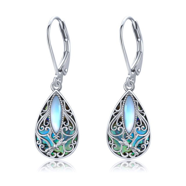 Orecchini a leva in argento sterling con abalone, conchiglia, pietra di luna e libellula-1