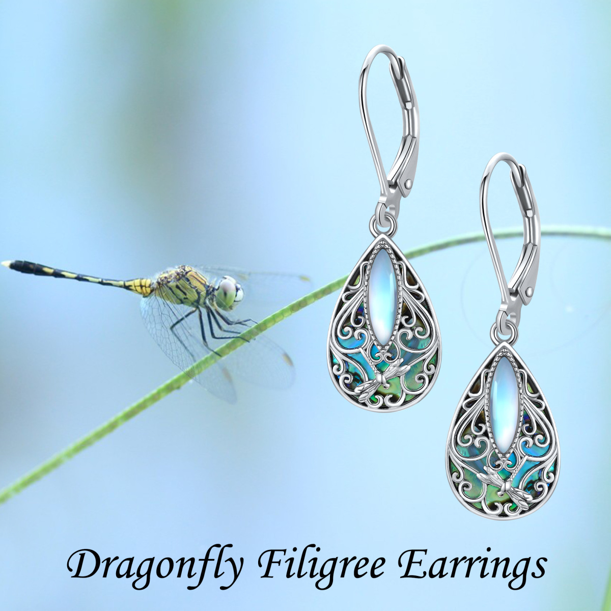 Sterling Silver Abalone Shellfish & Moonstone Dragonfly Lever-back Earrings-5