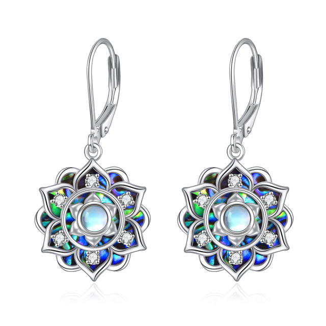 Sterling Silver Abalone Shellfish & Moonstone Lotus Lever-back Earrings-2