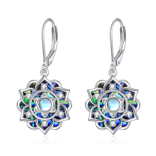 Sterling Silver Abalone Shellfish & Moonstone Lotus Lever-back Earrings