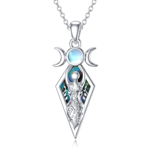 Sterling Silver Abalone Shellfish & Moonstone Triple Moon Goddess Pendant Necklace