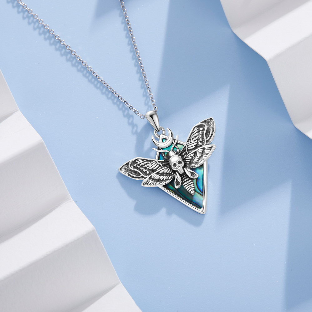 Sterling Silver Abalone Shellfish Moth Pendant Necklace-4
