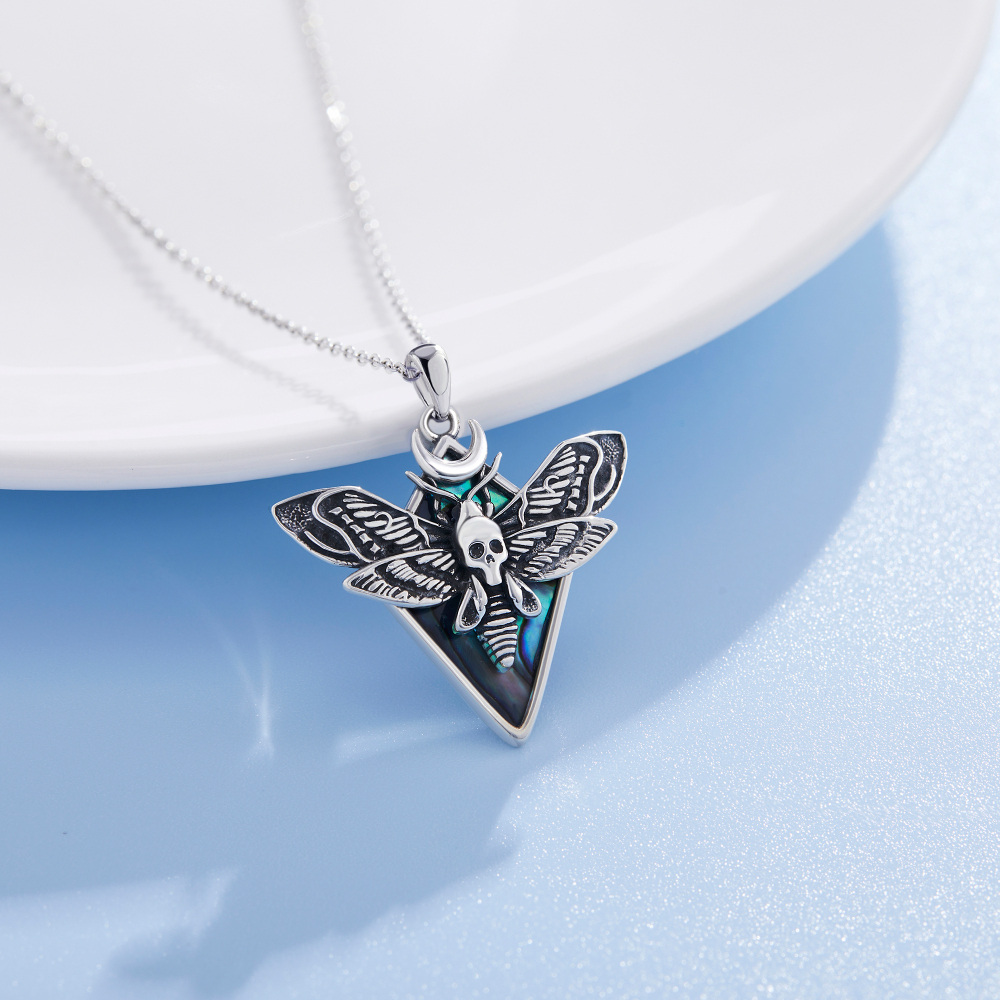 Sterling Silver Abalone Shellfish Moth Pendant Necklace-5