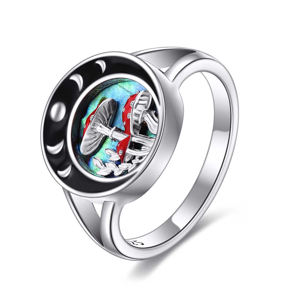 Sterling Silver Abalone Shellfish Mushroom & Moon Ring-1