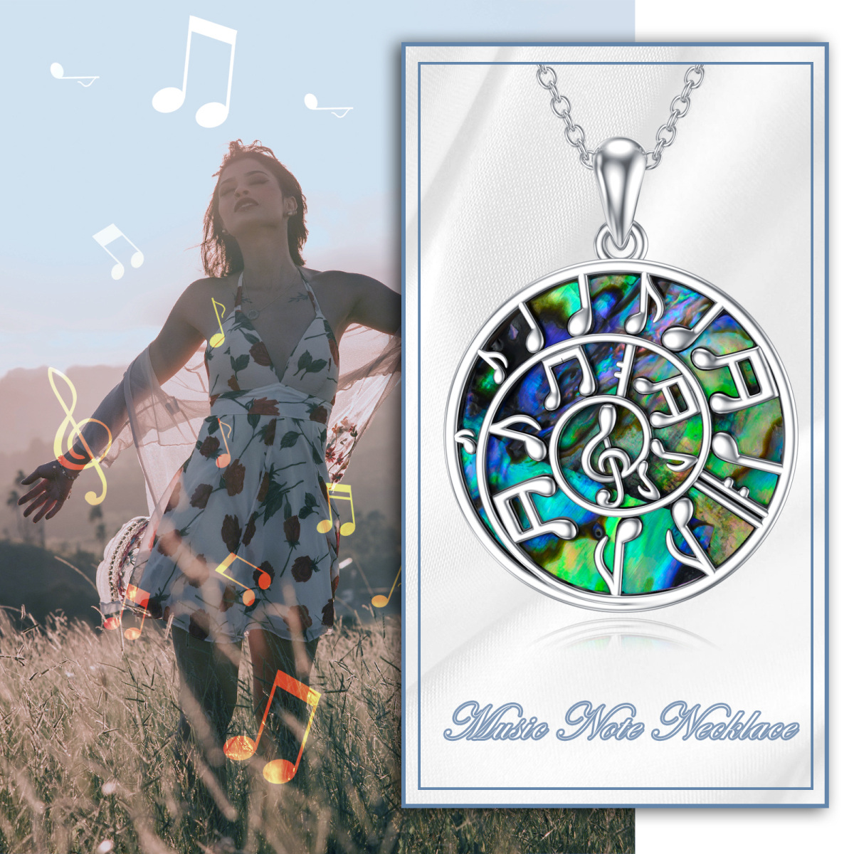 Collar de plata de ley Abalone Shellfish Music Symbol Pendant-5