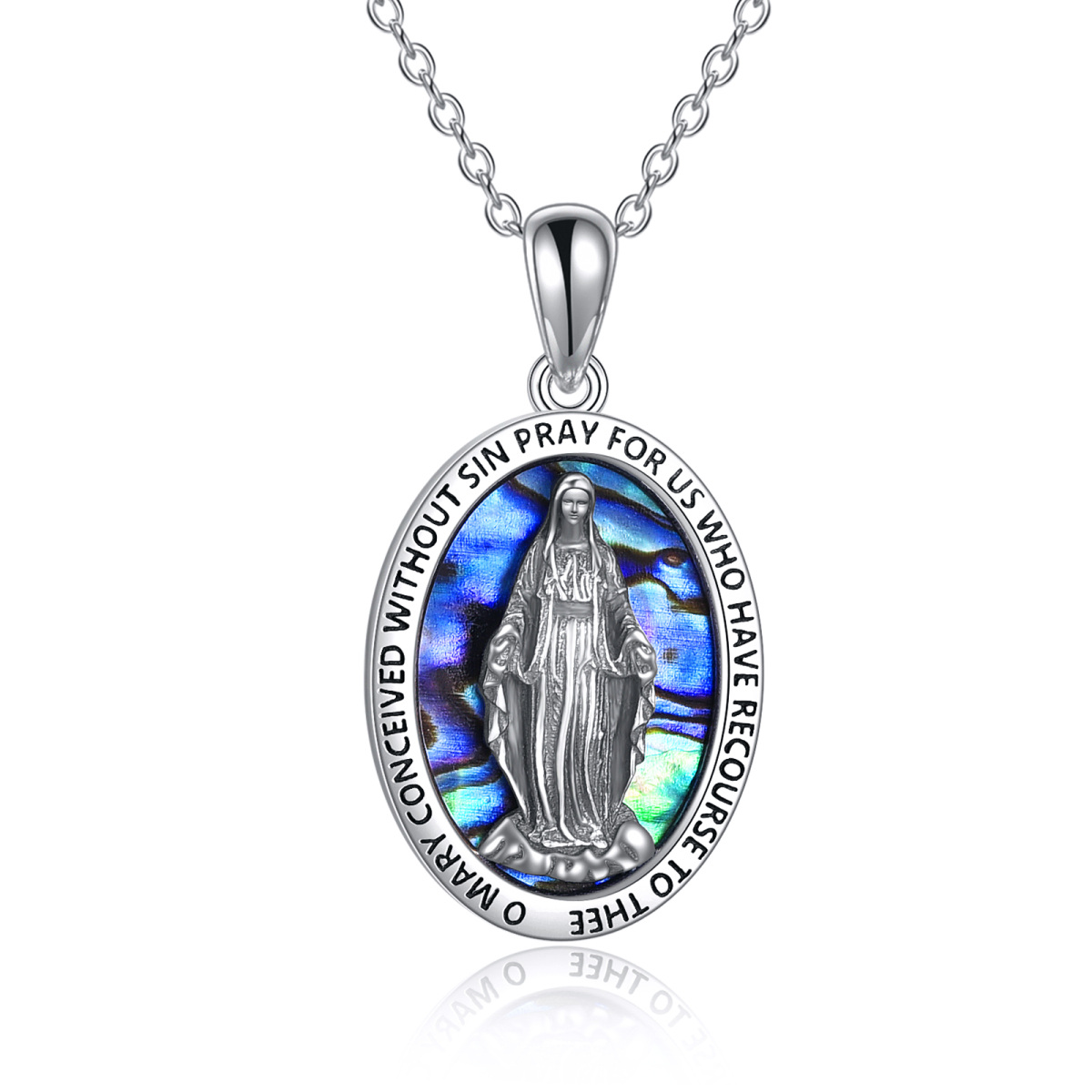 Collar con colgante de Nuestra Señora de Guadalupe en plata de ley con conchas de abulón-1