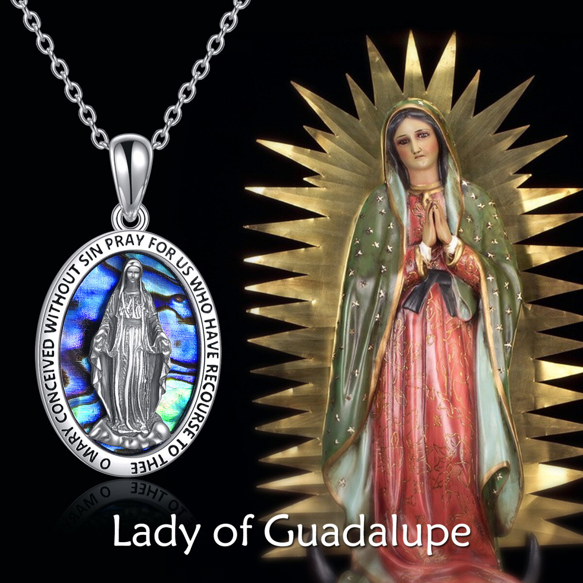 Sterling Silver Abalone Shellfish Our Lady Of Guadalupe Pendant Necklace-6