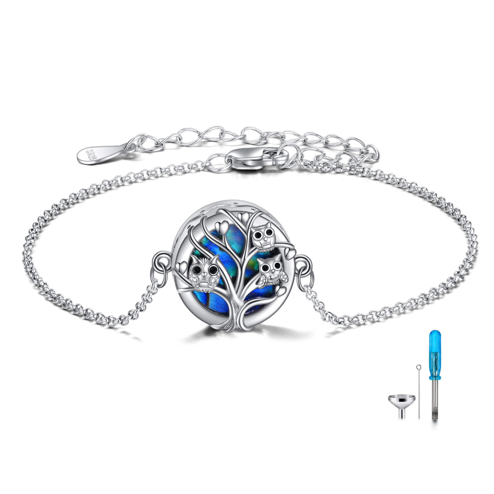 Sterling Silver Abalone Shellfish Owl Family on Tree Of Life Charm Bracelet-1