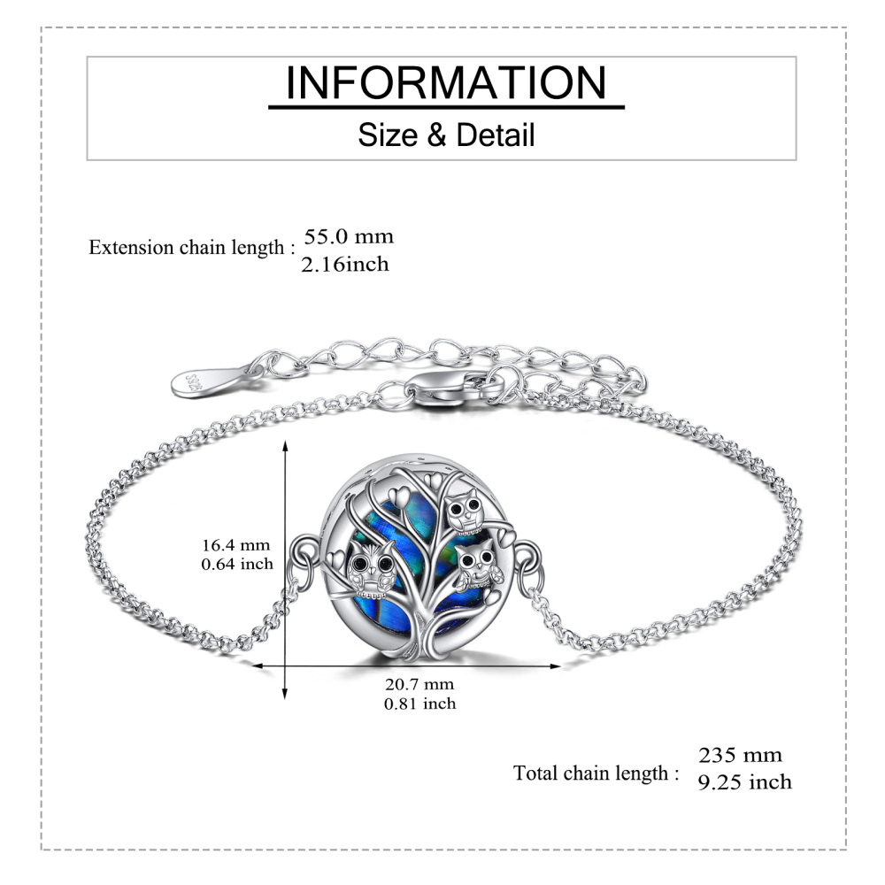 Sterling Silver Abalone Shellfish Owl Family on Tree Of Life Charm Bracelet-5