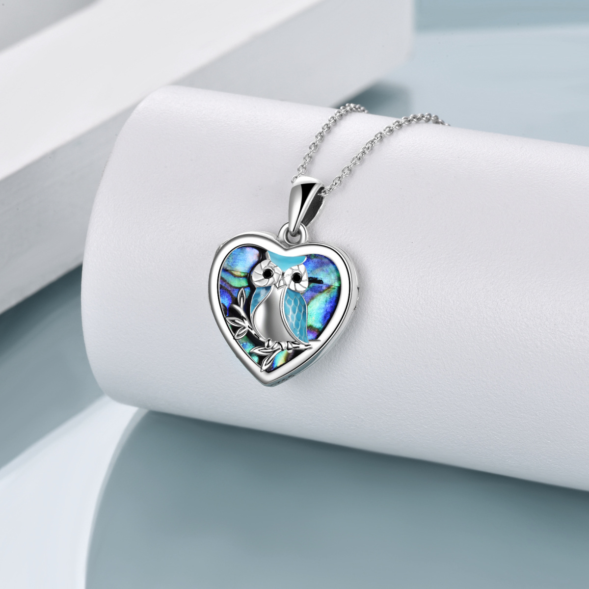 Plata de ley Abalone Shellfish Owl Heart Personalized Photo Locket Necklace-3