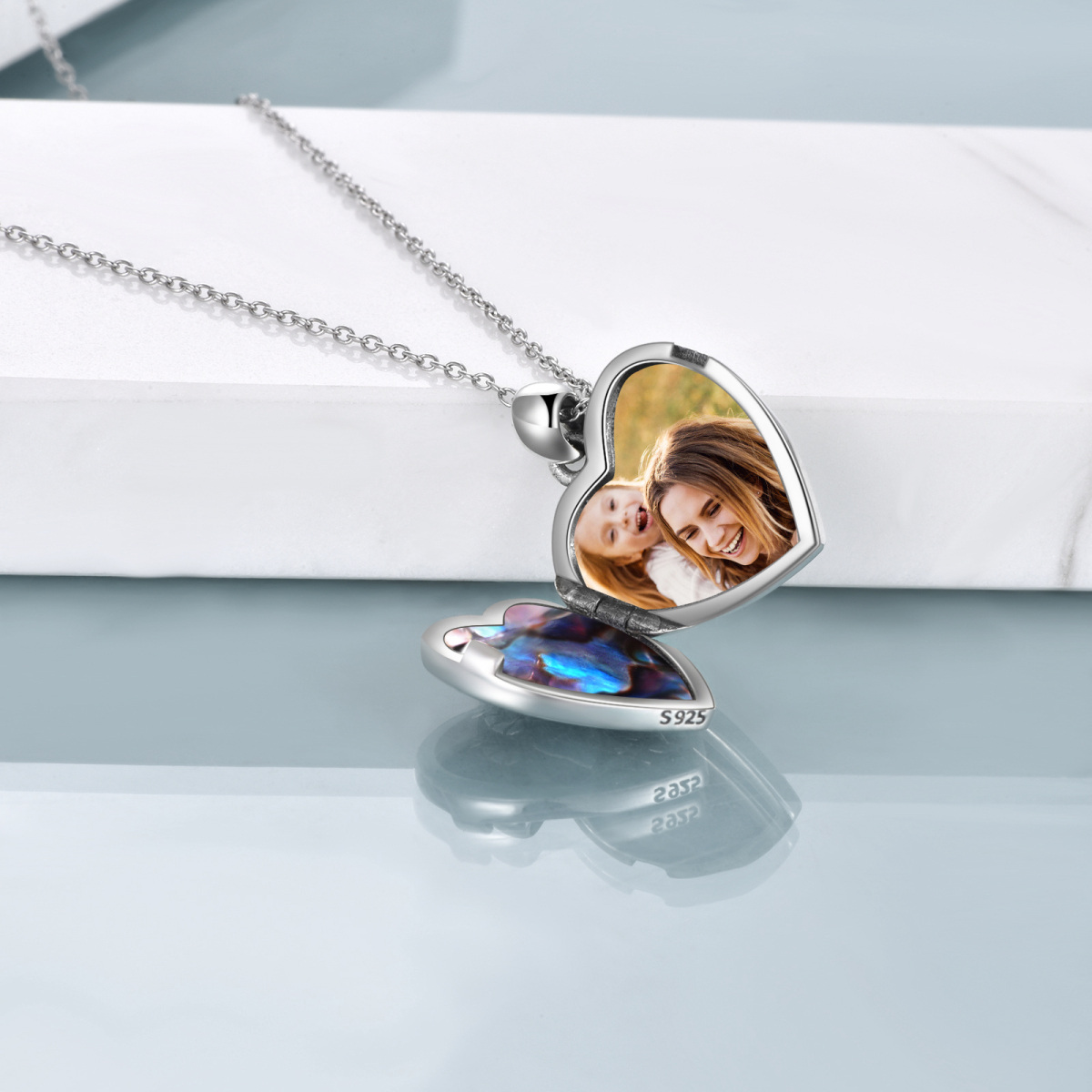 Plata de ley Abalone Shellfish Owl Heart Personalized Photo Locket Necklace-4