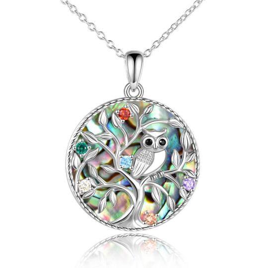 Sterling Silver Abalone Shellfish & Cubic Zirconia Owl & Tree Of Life Pendant Necklace