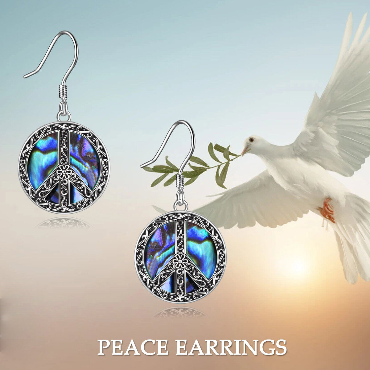 Boucles d'oreilles pendantes en argent Abalone Shellfish Peace Symbol-3