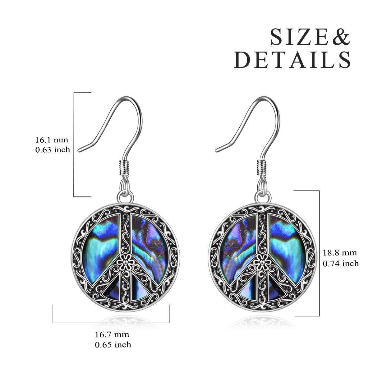 Sterling Silver Abalone Shellfish Peace Symbol Drop Earrings-6