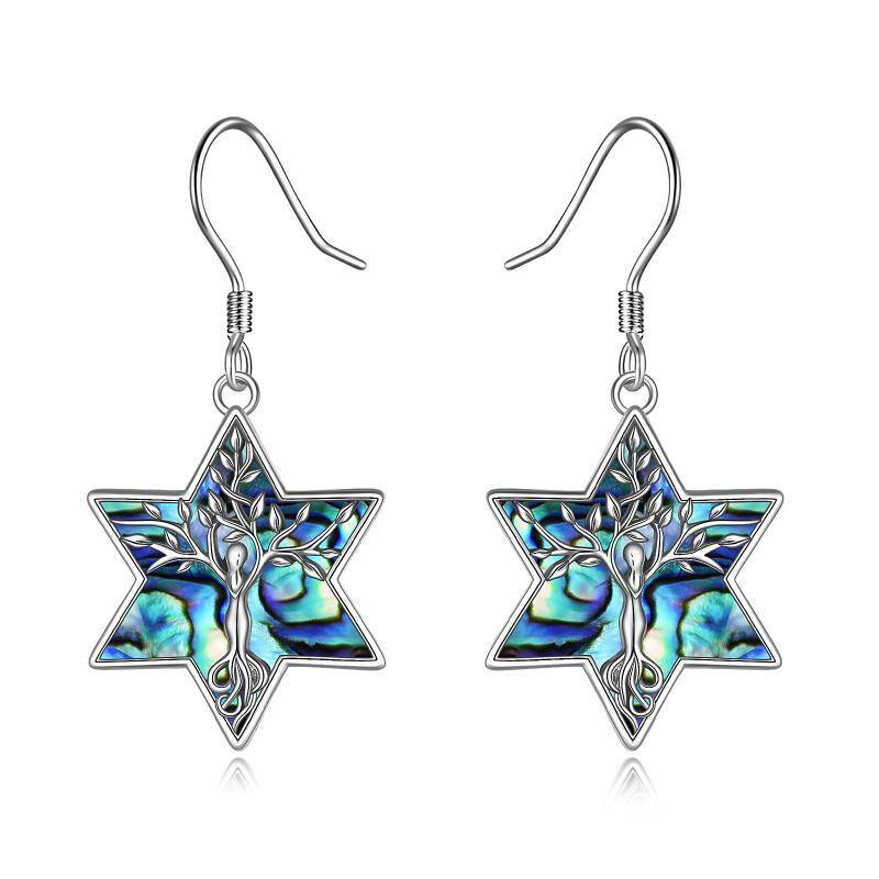 Sterling Silver Abalone Shellfish Pentagram Drop Earrings-1