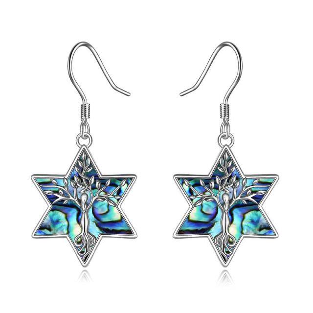 Sterling Silver Abalone Shellfish Pentagram Drop Earrings-1