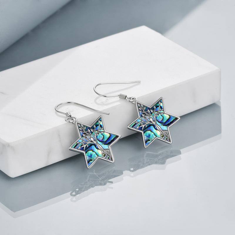 Sterling Silver Abalone Shellfish Pentagram Drop Earrings-3