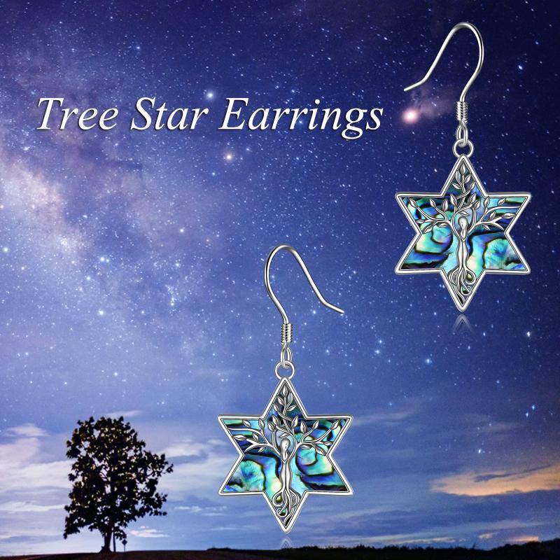 Sterling Silver Abalone Shellfish Pentagram Drop Earrings-6