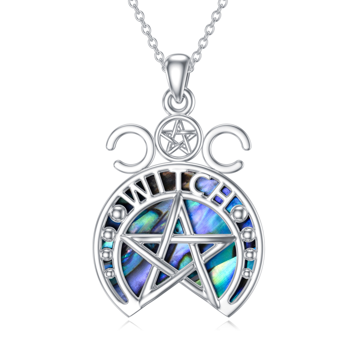 Sterling Silver Abalone Shellfish Pentagram & Witch Pendant Necklace-1