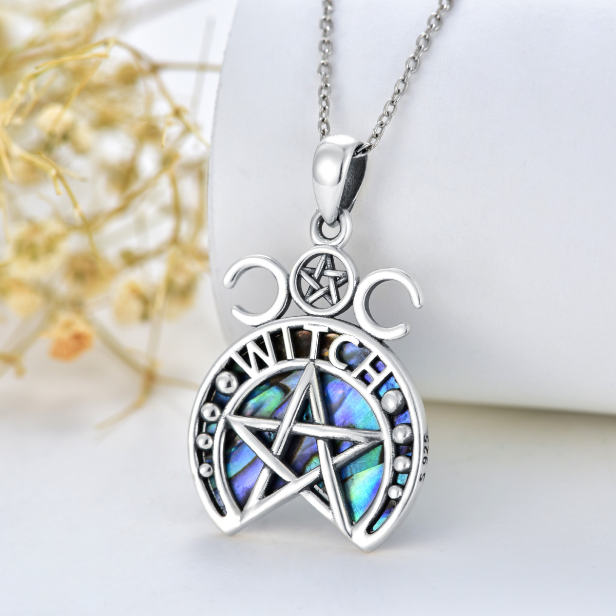 Sterling Silver Abalone Shellfish Pentagram & Witch Pendant Necklace-3