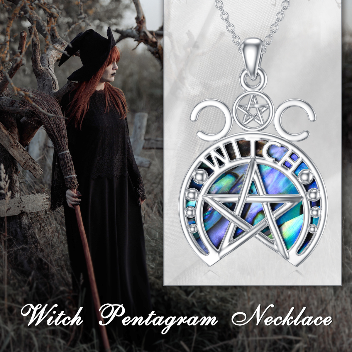 Sterling Silver Abalone Shellfish Pentagram & Witch Pendant Necklace-6