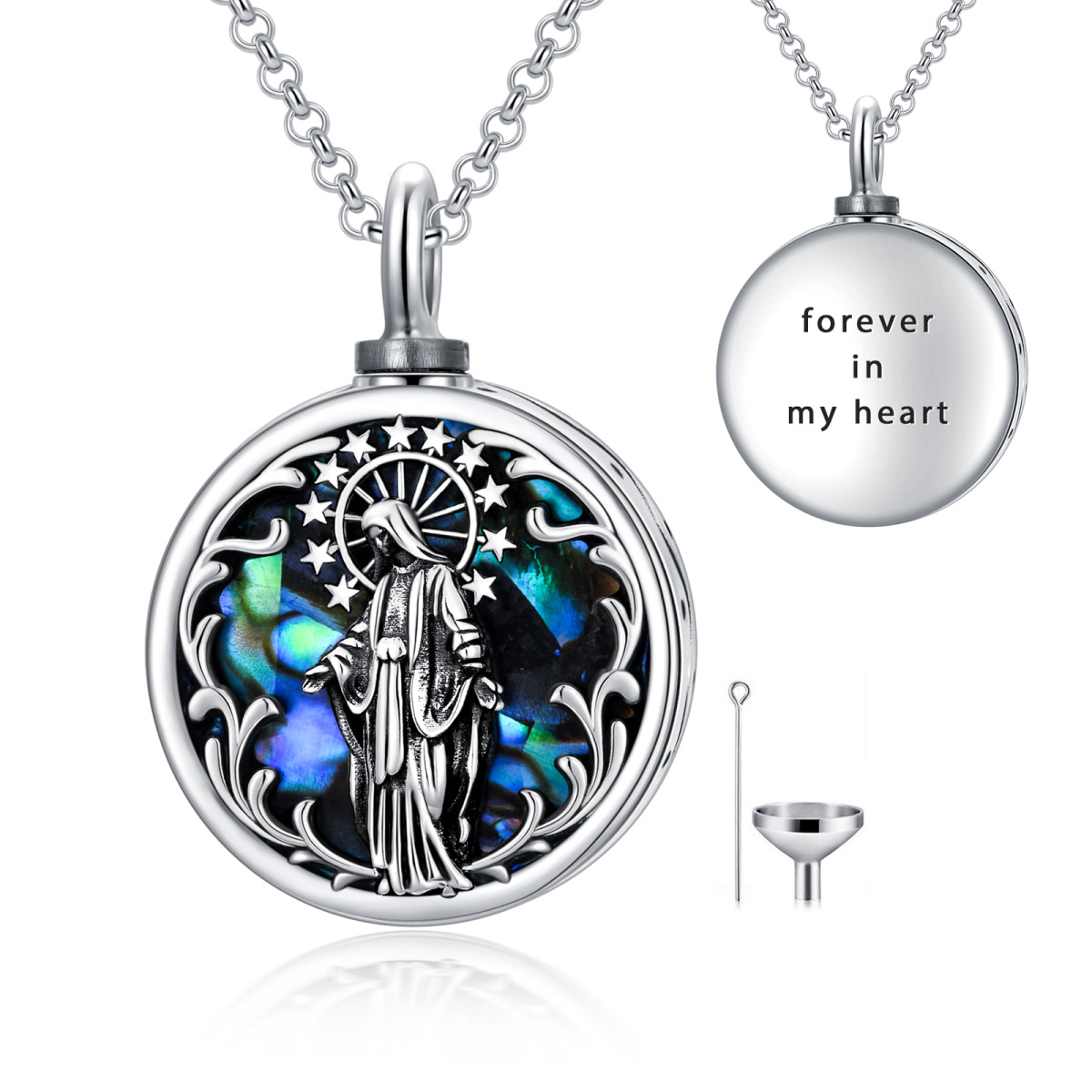 Sterling Silver Abalone Shellfish Personalized Engraving & Virgin Mary Urn Necklace for Ashes with Engraved Word-1