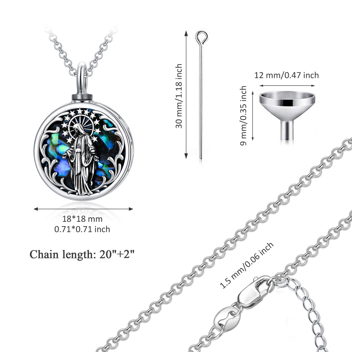 Sterling Silver Abalone Shellfish Personalized Engraving & Virgin Mary Urn Necklace for Ashes with Engraved Word-5