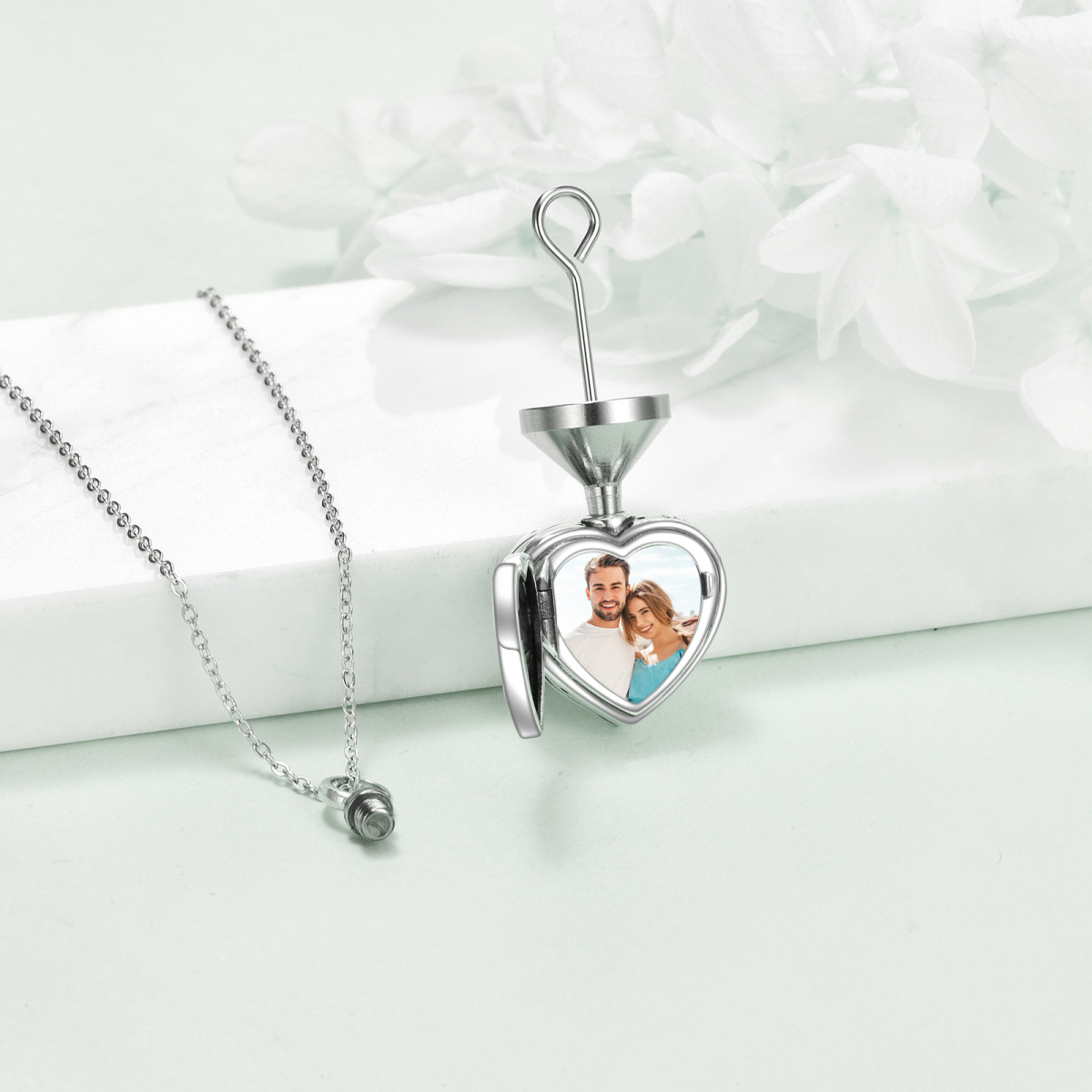 Sterling Silver Abalone Shellfish Personalized Photo & Heart Urn Necklace for Ashes with Engraved Word-4