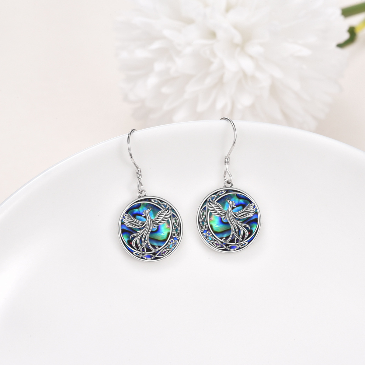 Sterling Silver Abalone Shellfish Phoenix Drop Earrings-3