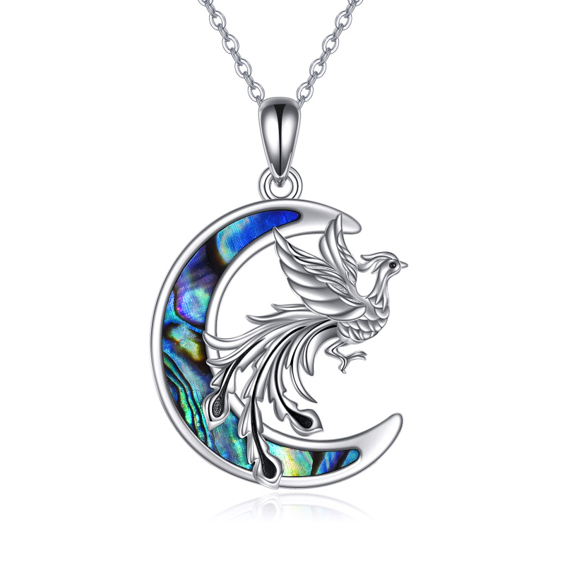 Sterling Silver Abalone Shellfish Phoenix & Moon Pendant Necklace-16