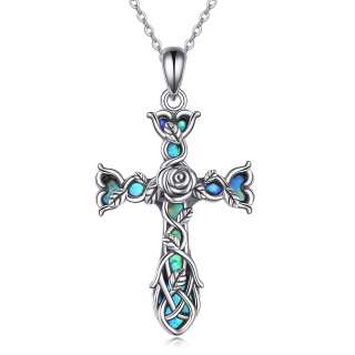 Sterling Silver Abalone Shellfish Rose Celtic Knot Cross Pendant Necklace For Unisex-18