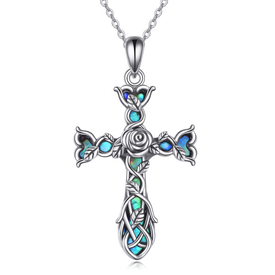 Sterling Silver Abalone Shellfish Rose Celtic Knot Cross Pendant Necklace For Unisex