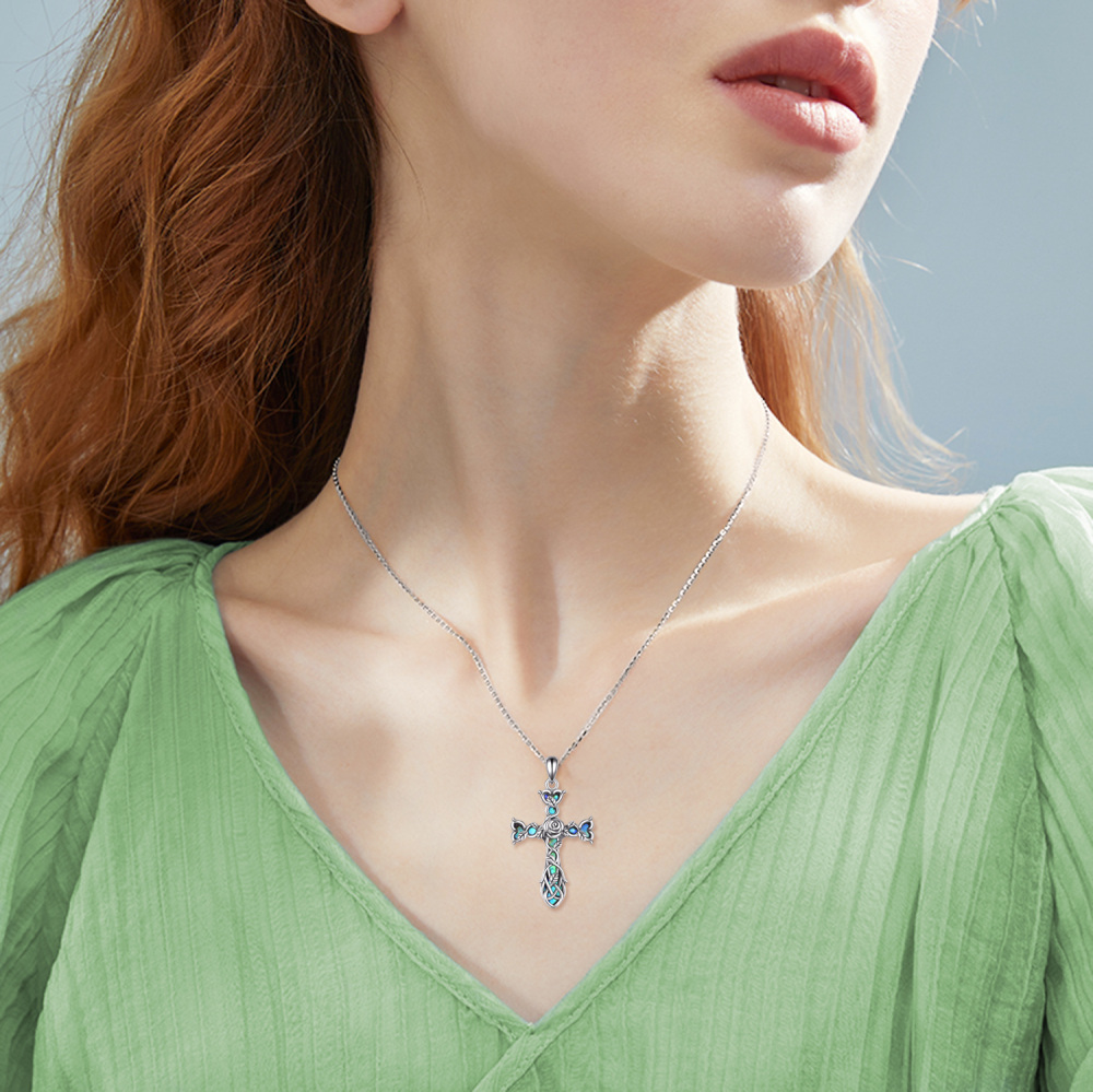 Collar con colgante de cruz con nudo celta de plata de ley, unisex-2