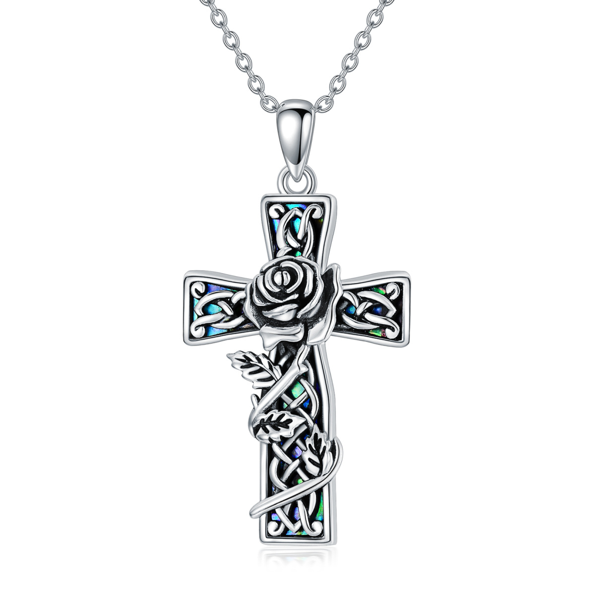 Collier en argent sterling avec pendentif rose et croix en forme de coquillage abalone-1