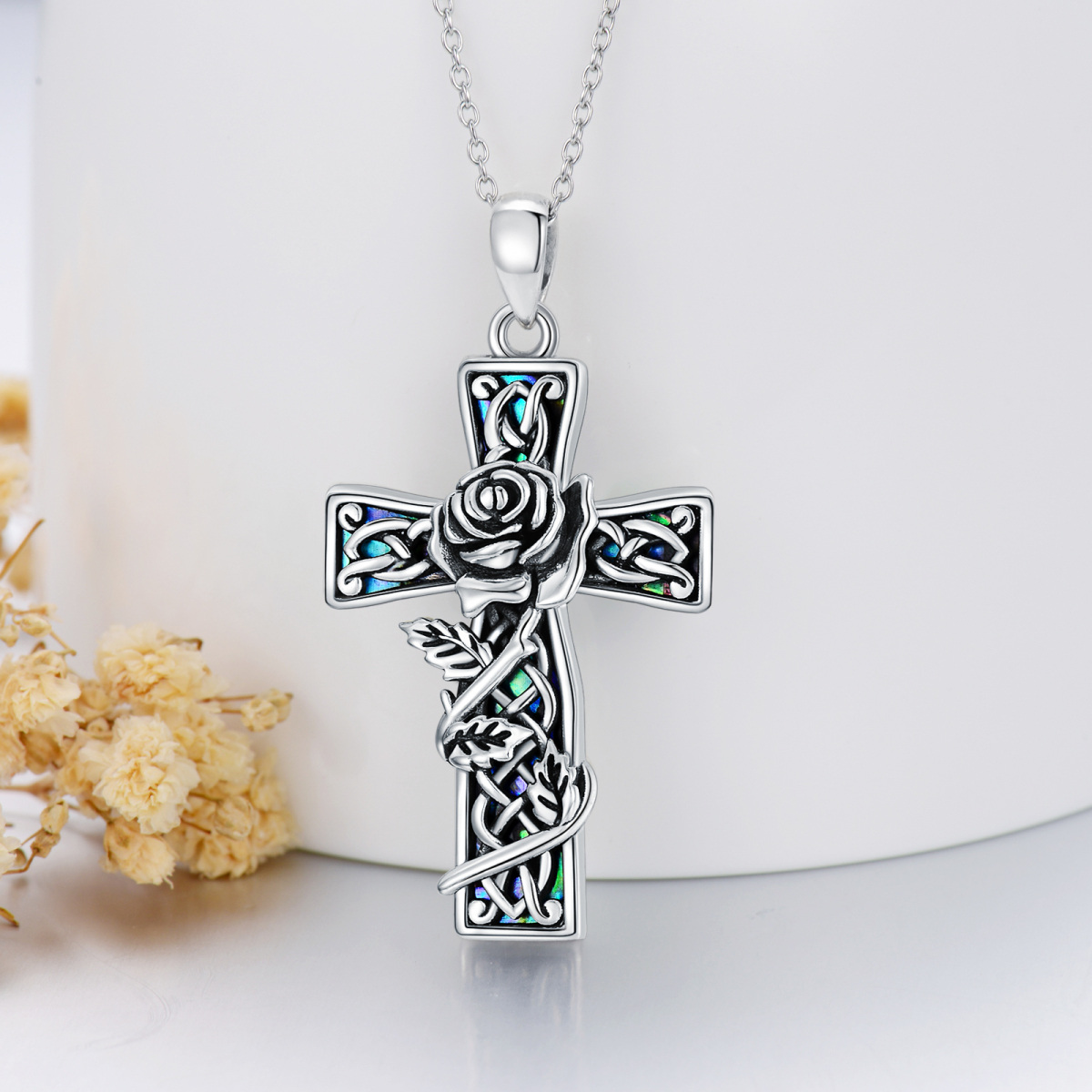 Sterling Silver Abalone Shellfish Rose & Cross Pendant Necklace-3