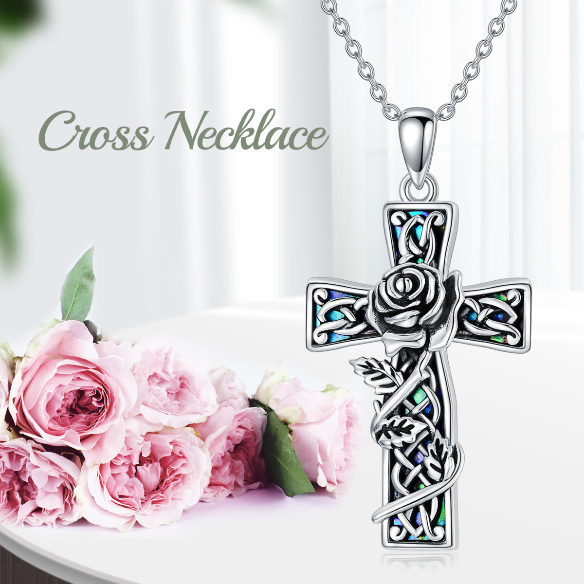 Collier en argent sterling avec pendentif rose et croix en forme de coquillage abalone-6