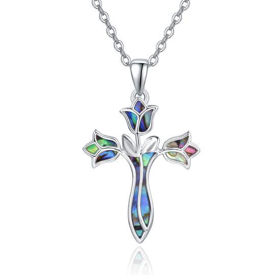 Collier avec pendentif croix en argent sterling et coquillages d'ormeau pour femme