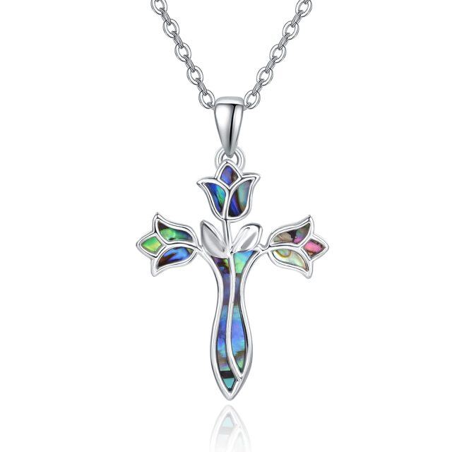 Collier avec pendentif croix en argent sterling et coquillages d'ormeau pour femme-1