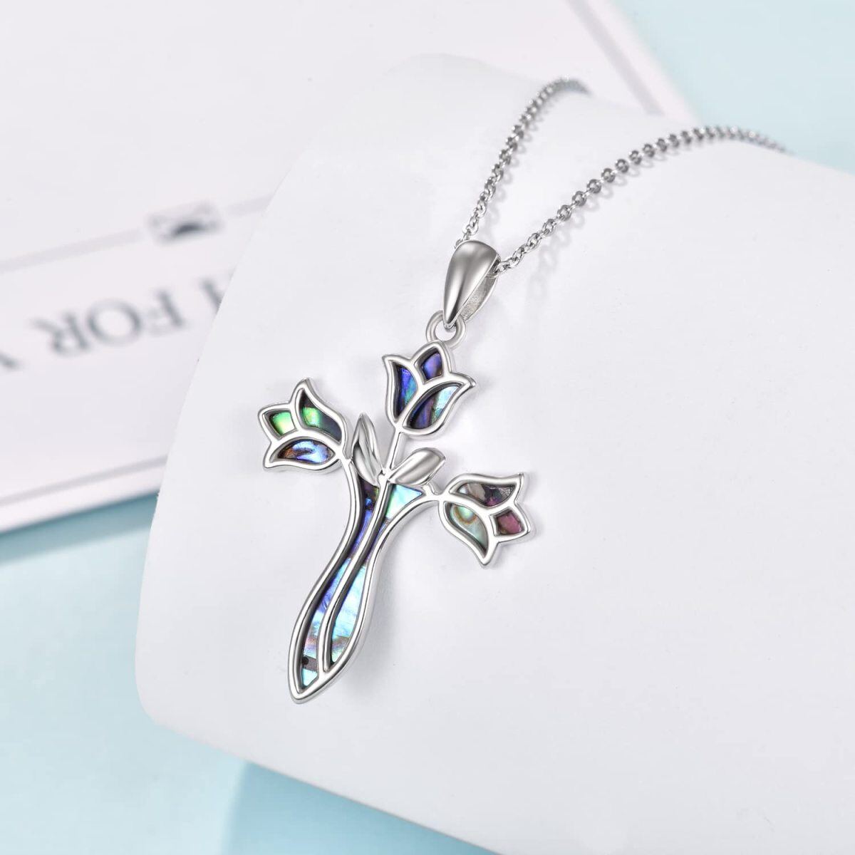 Sterling Silver Abalone Shellfish Rose Cross Pendant Necklace for Women-4