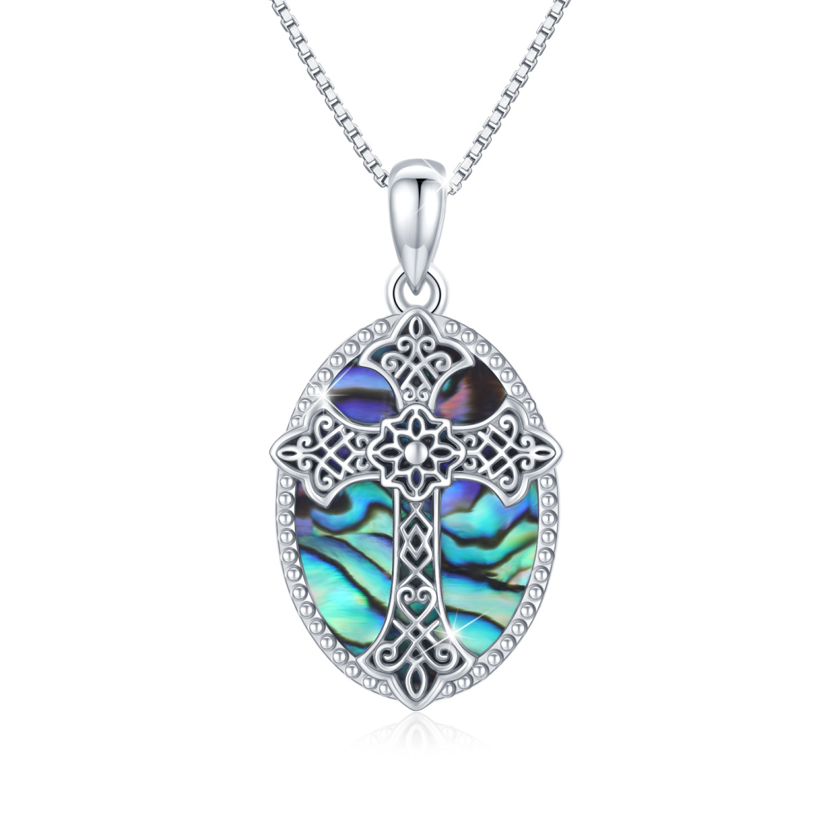 Sterling Silver Abalone Shellfish Round Pendant Necklace-1