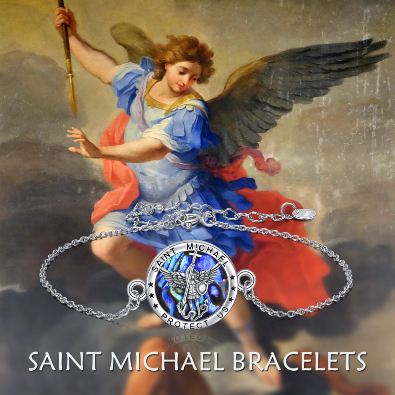 Sterling Silver Abalone Shellfish Saint Christopher Charm Bracelet with Engraved Word-3